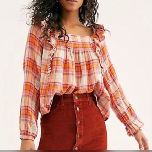 Free People Tops - Free People Siena Plaid Smocked Boho Tie Back Top